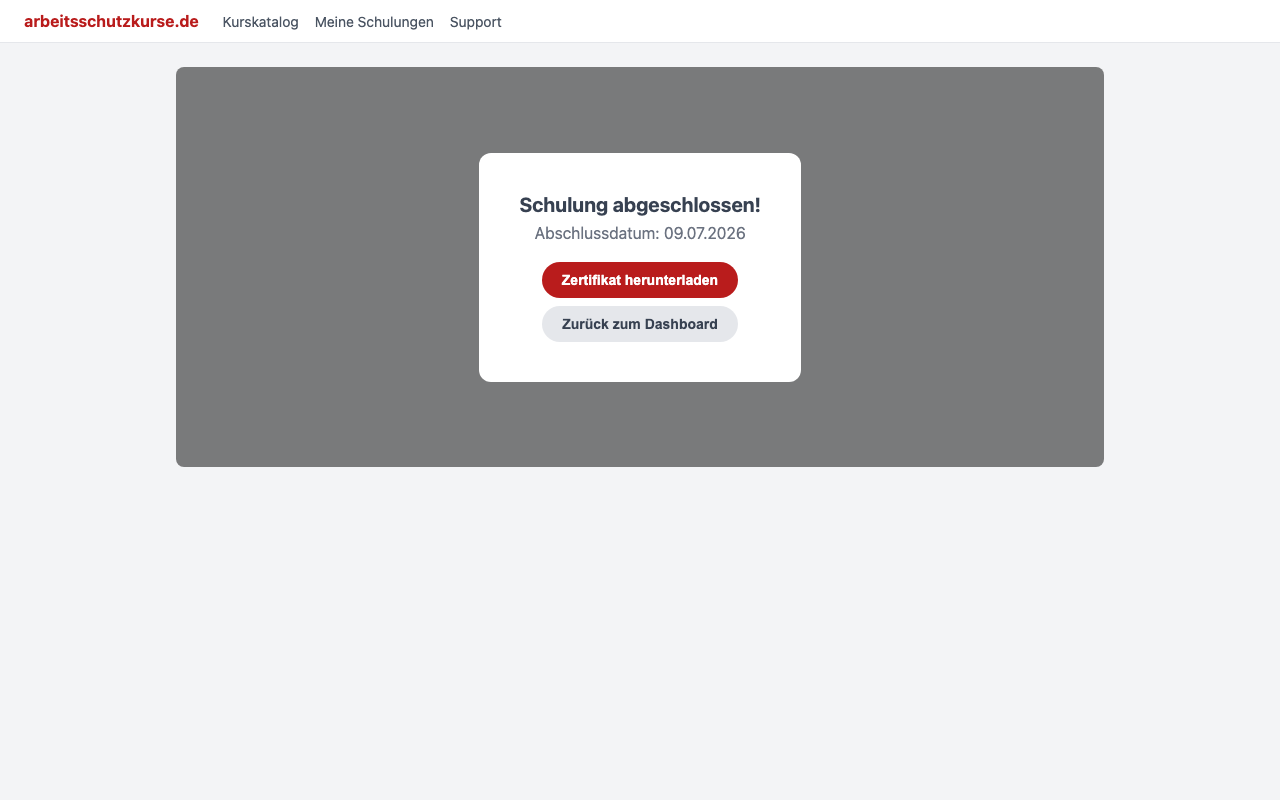 Vollbild-Meldung Schulung abgeschlossen mit Download-Link für das Zertifikat