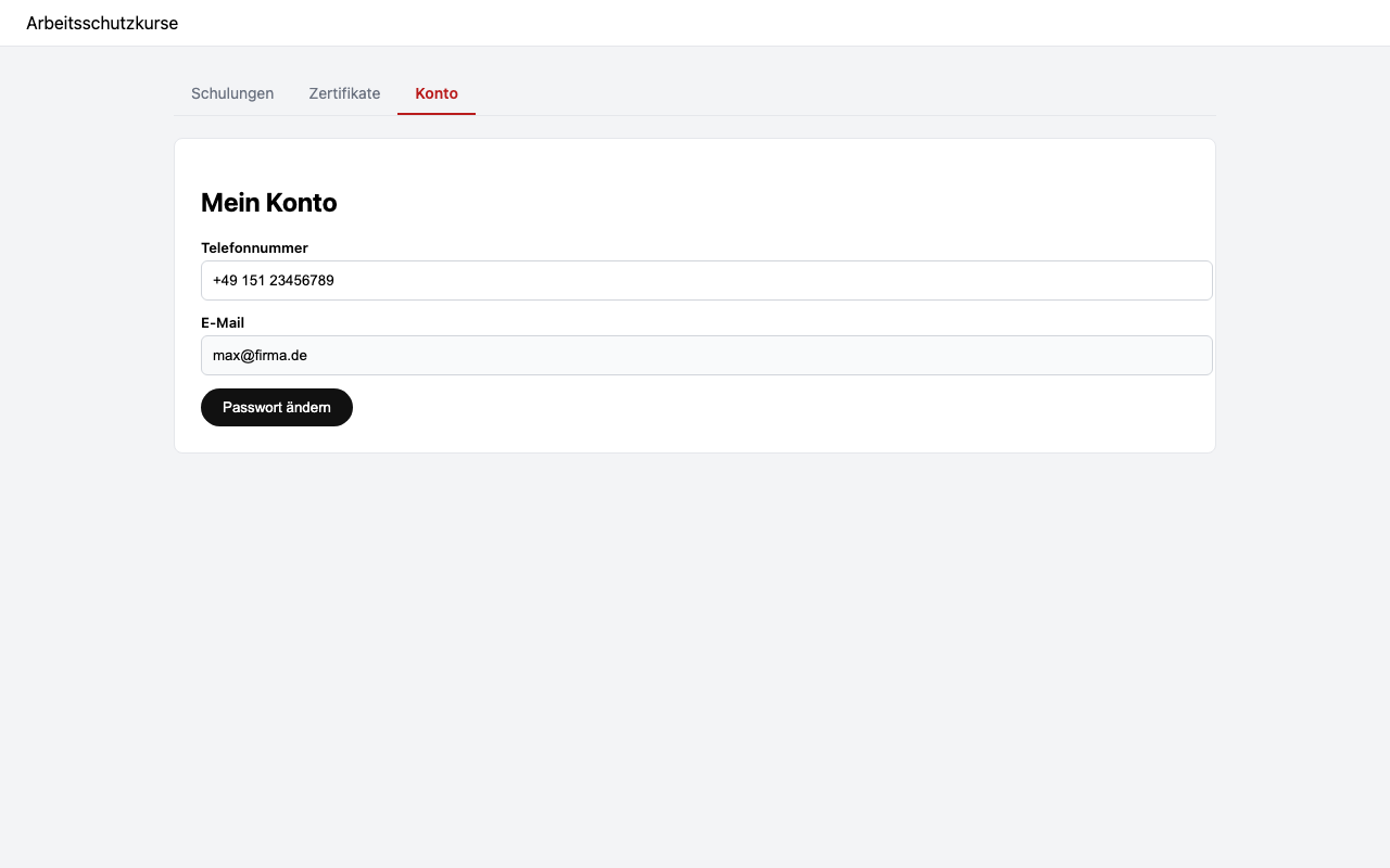 Konto-Tab mit Profilfoto, Telefonnummer und Passwort ändern