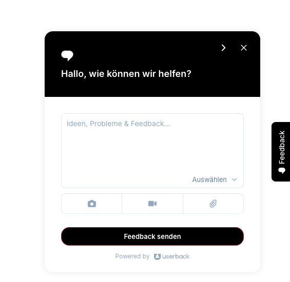 Feedback-Formular mit Textfeld, Anhang-Optionen und Feedback-Button am rechten Bildschirmrand