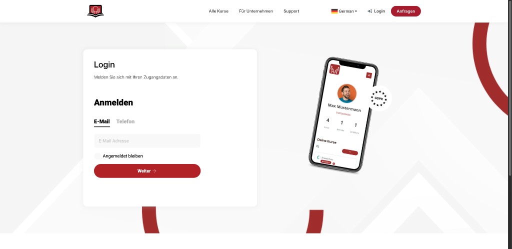 Anmeldeseite mit Tabs für E-Mail und Telefon
